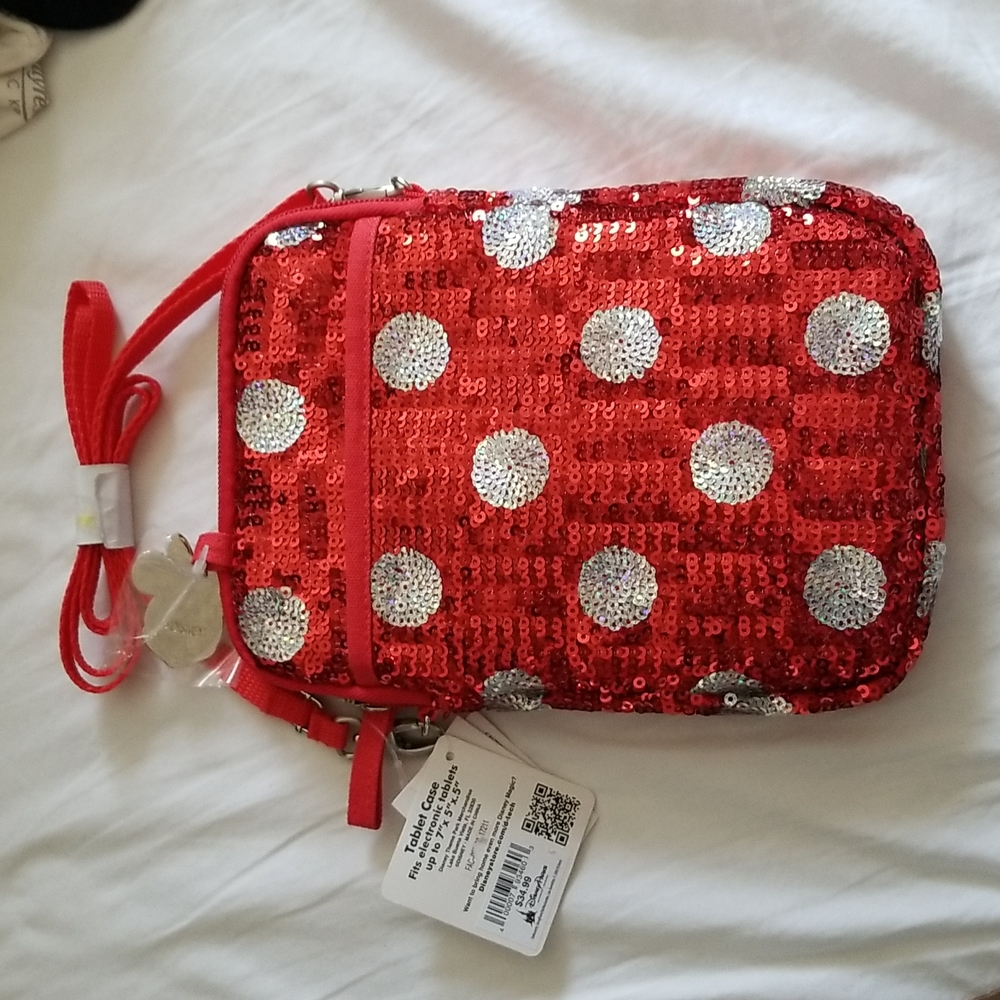 Disney red and silver poka dots sequins Minnie Mouse  Tablet case/ crossbody bag